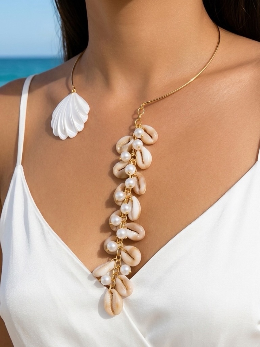 Gold Shell & Pearl Statement Choker Necklace - White & Beige